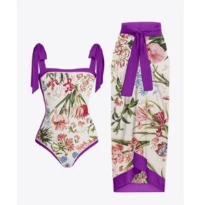 Floral Tie Shoulder Swimsuit with Cover Set